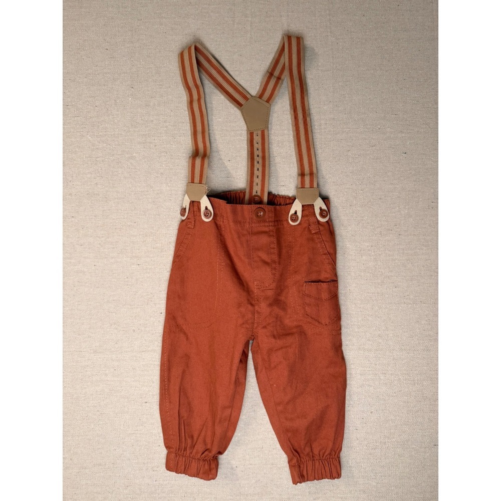 Janie and Jack Boys Rust Terracotta Twill Joggers with Striped Suspenders 3-6M